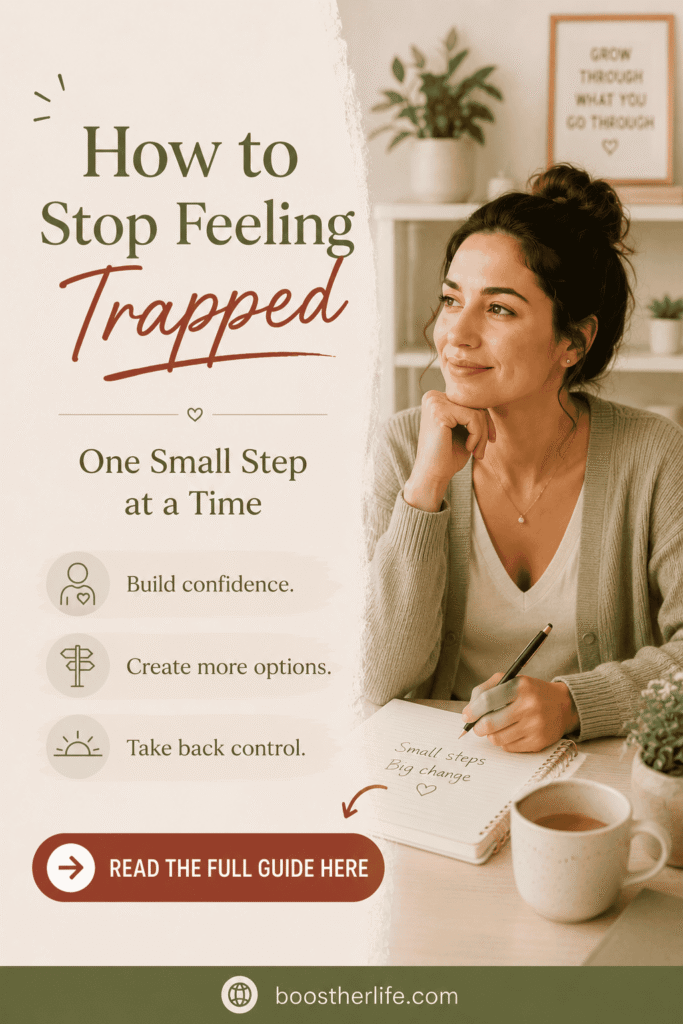 woman looking ahead and writing notes with coffee cup near her- she wants to know how to stop feeling trapped in life